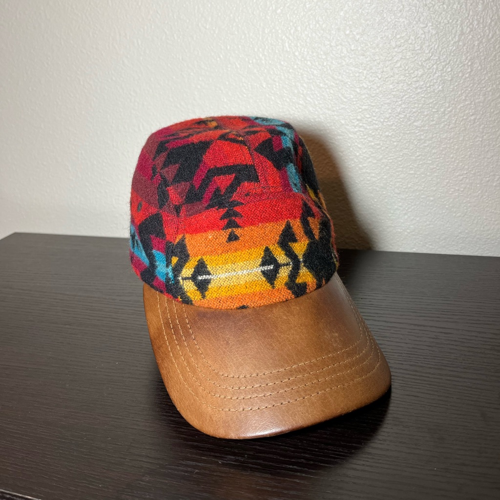 Pendleton Wool & Leather Hat Vtg 90s Red Yellow Usa Aztec Indian Strapback Cap